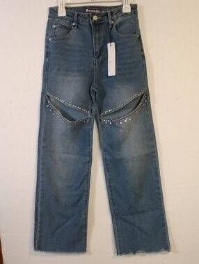 Girls Size 12 Tractr BLU Jeans With Rhinestone Cutouts Front Thigh Raw Hem NWT